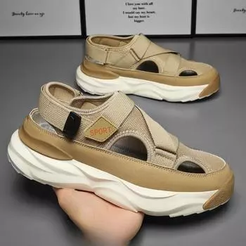 Мужские летние сандалии, нескользящие, модные, удобные, повседневные, дышащие, водонепроницаемые, без шнуровки, с круглым носком, на платформе, на плоском каблуке, летняя основная обувь 39 хаки