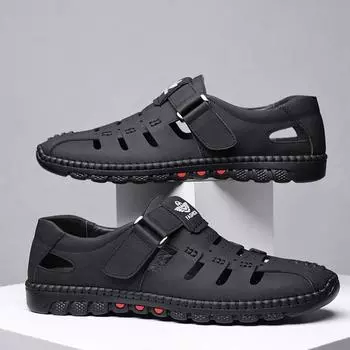 Мужские летние сандалии, удобная дышащая повседневная обувь для отдыха на открытом воздухе, летняя пляжная обувь 2024 года, деловые сандалии из натуральной кожи на плоской подошве 38 чёрный