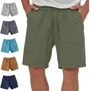 Мужские летние шорты из хлопка и льна с эластичной резинкой на талии, однотонные дышащие пляжные повседневные брюки с застежкой на пять точек XXXL чёрный
