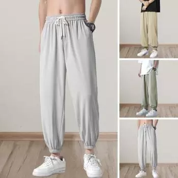 Мужские летние спортивные штаны с эластичной резинкой на талии, карманы на шнурке, сплошной цвет, широкие брюки, свободные мягкие дышащие повседневные брюки для бега с ремешками на щиколотке XL светло-серый