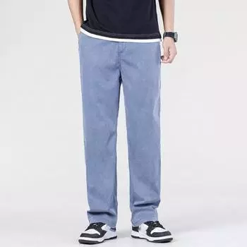 Мужские летние свободные повседневные широкие брюки, однотонные джинсы со средней посадкой и выбеленными краями 5XL синий