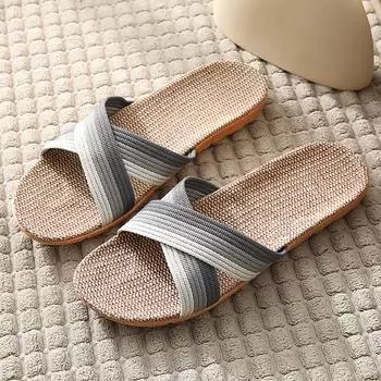 Мужские летние тапочки, домашние тапочки для пары, льняные повседневные тапочки, мужские тапочки 44