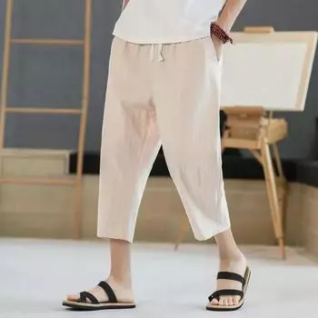 Мужские летние тонкие хлопковые льняные брюки Seven-minute для людей среднего и пожилого возраста, удобные повседневные свободные брюки 5XL чёрный
