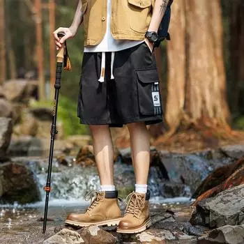 Мужские летние тонкие модные брендовые свободные спортивные брюки пять четвертей, красивые повседневные шорты-карго из ледяного шелка с планктоном M чёрный