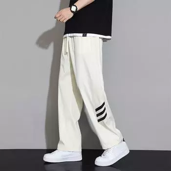 Мужские летние тонкие полосатые брюки из ледяного шелка, американские спортивные брюки прямого кроя, свободные брюки широкого кроя с драпировкой, повседневные брюки M