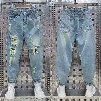 Мужские летние тонкие рваные джинсы - узкие прямые повседневные модные шаровары с девятью точками 28 синий