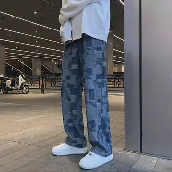 Мужские летние тонкие широкие джинсы с клетчатым узором - американская уличная мода, свободные прямые повседневные брюки 2XL синий