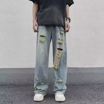 Мужские летние тонкие широкие свободные прямые джинсы в японском стиле — модные, повседневные и уникальные. S