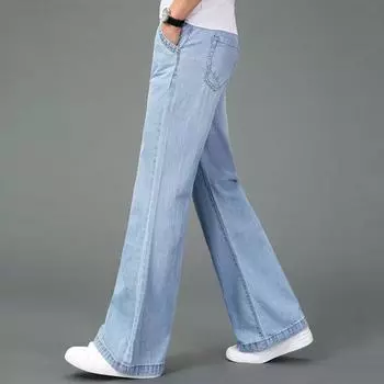 Мужские летние тонкие свободные брюки средней посадки, широкие расклешенные джинсы светло-голубого цвета 28 светло-синий