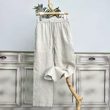 Мужские летние тонкие удобные льняные брюки однотонные повседневные свободные прямые драпированные широкие брюки L