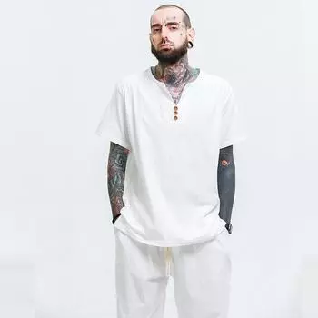 Мужские летние топы большого размера в китайском стиле с коротким рукавом Повседневная свободная хлопковая льняная футболка 6XL серый