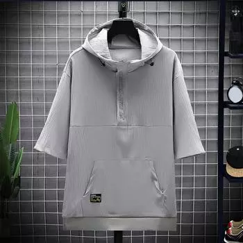 Мужские летние топы с капюшоном, регулируемая молния на шнурке, застежка-молния до половины, короткий рукав, футболка с буквенным принтом, быстросохнущая ткань Ice Silk M чёрный