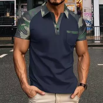 Мужские летние топы с лацканами, короткий рукав, камуфляжная лоскутная футболка с передним карманом, уличная футболка M