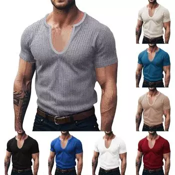 Мужские летние трикотажные топы с v-образным вырезом в полоску и короткими рукавами. Мужские повседневные топы с короткими рукавами. L бежевый