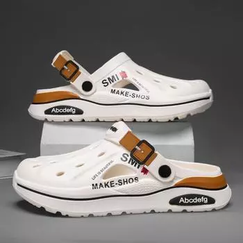 Мужские летние туфли в дырках для вождения, на толстой подошве, нескользящие, вонючие, из ПВХ, мужчина в сандалиях на пляже 40-41 бежевый