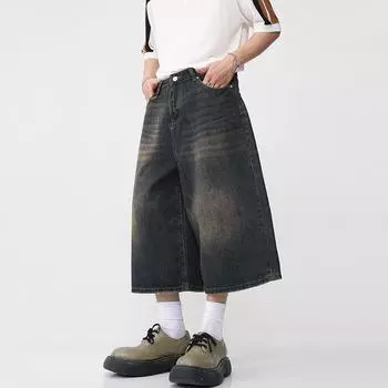 Мужские летние укороченные джинсы со средней посадкой и застежкой-молнией на пуговицах, джинсовые брюки, градиентные цвета, широкие укороченные брюки, уличная одежда XXXL