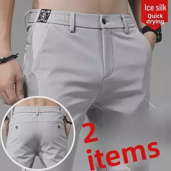 Мужские летние узкие прямые быстросохнущие повседневные брюки Ice Silk 33 светло-серый