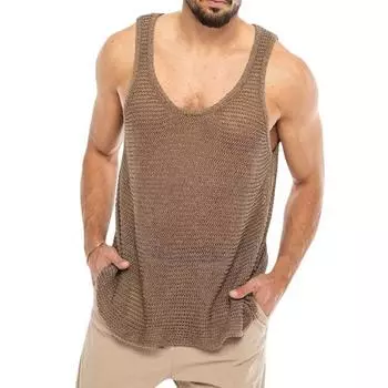 Мужские летние вязаные топы с круглым вырезом без рукавов, сплошной цвет, свободный пуловер, топы, эластичный жилет, уличная одежда M коричневый