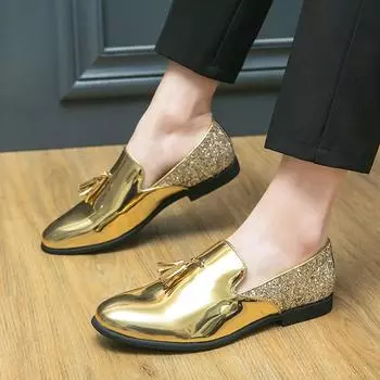 Мужские мокасины с кисточками, золотисто-черные, свадебные туфли, стильные официальные кожаные блейзеры для выпускного, танцевальные туфли больших размеров 38 чёрный