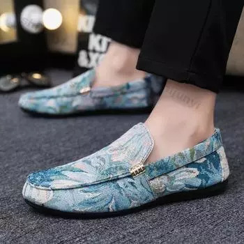 Мужские лоферы с принтом, летняя мужская обувь, повседневная легкая парусиновая обувь, мужская дышащая модная обувь на плоской подошве без застежек 39 бежевый