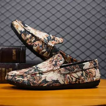 Мужские лоферы с принтом, летняя мужская обувь, повседневная легкая парусиновая обувь, мужская дышащая модная обувь на плоской подошве без застежек 38 бежевый