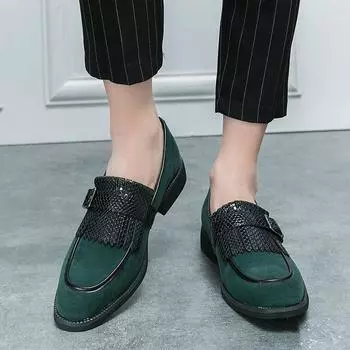 Мужские лоферы, винтажные темно-зеленые модельные туфли с кисточками, формальная удобная деловая обувь, смокинг, свадебные туфли-монки EU: 38 чёрный