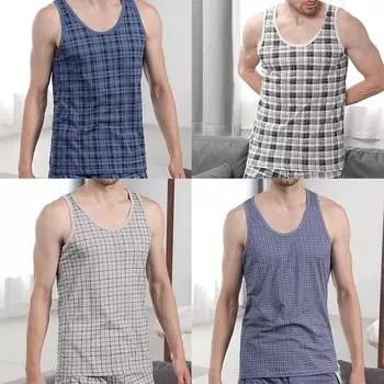Мужские майки в клетку из чистого хлопка с круглым вырезом без рукавов сексуальные мужские жилеты уличная модная повседневная мужская одежда M серый/чёрный