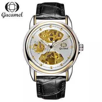 Мужские механические часы GUCAMEL, деловые двусторонние полые модные мужские часы
