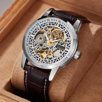 Мужские механические часы, модные высококачественные автоматические механические часы с полым ретро-ремешком
