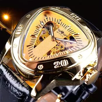 Мужские механические часы, повседневный вырез, большой треугольный циферблат, полностью автоматические механические часы, модные часы класса люкс чёрный/золотой