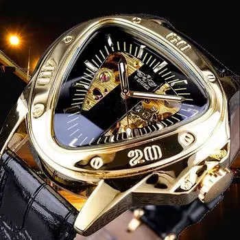 Мужские механические часы, повседневный вырез, большой треугольный циферблат, полностью автоматические механические часы, модные часы класса люкс золотой/чёрный