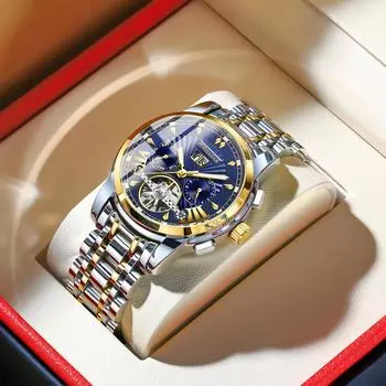 Мужские механические часы с многофункциональным двойным календарным циферблатом, водонепроницаемые и светящиеся, модные мужские механические часы Black