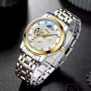 Мужские механические часы со светящимся стальным ремнем с автоматическим заводом, мужские наручные часы