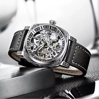 Мужские механические часы Светящиеся водонепроницаемые многофункциональные резные механические часы Carved