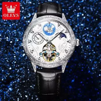 Мужские механические часы Tourbillon Hollow с автоматическим механизмом, водонепроницаемые, с люминесцентным циферблатом с фазами Луны, модные мужские деловые механические наручные часы розового золота