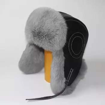 Мужские меховые шапки, теплая шапка-бомбер из натурального кроличьего меха с ушками, зимняя горячая распродажа, унисекс, теплая шапка-ушанка, шапки из натуральной овечьей кожи 58cm серый