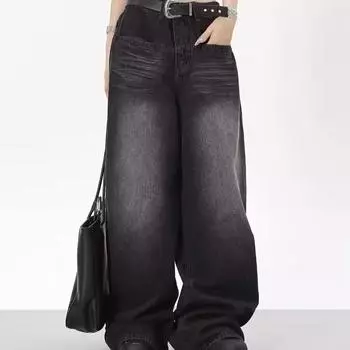 Мужские мешковатые джинсовые брюки в уличном стиле, свободные широкие джинсовые брюки, модные прямые брюки с потертостями XS чёрный