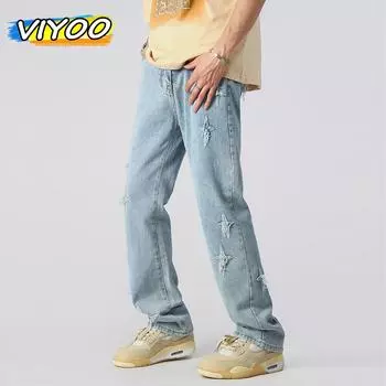 Мужские мешковатые джинсы Y2K из 80% хлопка со звездами, джинсовые повседневные расклешенные брюки, спортивные штаны для мужчин, американский стиль, 2023 L жёлтый