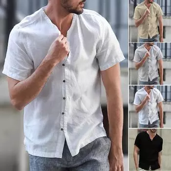 Мужские мешковатые хлопковые льняные однотонные футболки с короткими рукавами и пуговицами в стиле ретро, топы, блузки L темно-серого