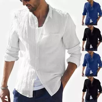 Мужские мешковатые хлопковые льняные однотонные футболки на пуговицах с длинным рукавом в стиле ретро, топы, блузки L чёрный