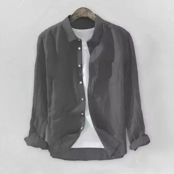 Мужские мешковатые однотонные хлопковые льняные футболки с длинными рукавами и карманами на пуговицах больших размеров XL