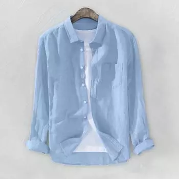 Мужские мешковатые однотонные хлопковые льняные футболки с длинными рукавами и карманами на пуговицах больших размеров M