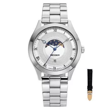 Мужские металлические часы Geiger Moon Phase GE8019WS_M + комплект с кожаным ремешком, популярные корейские часы