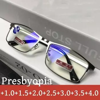 Мужские металлические очки для чтения в полуоправе, роскошные дизайнерские очки с защитой от синего света, готовые очки по рецепту для лечения пресбиопии до +4,0 +1.0