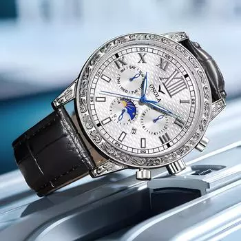 Мужские многофункциональные автоматические механические часы с тремя циферблатами, календарем, 24-часовым окошком для ежемесячного просмотра, мужские деловые часы чёрный/золотой