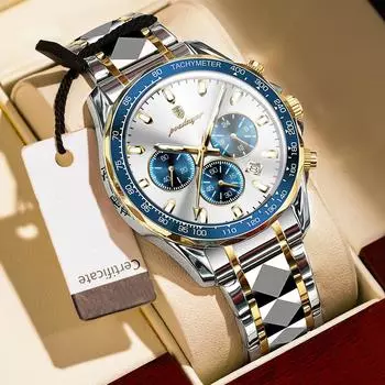 Мужские многофункциональные часы-хронограф с тремя глазами, многофункциональные водонепроницаемые кварцевые часы с календарем и светящимся циферблатом, праздничные подарки, изысканные подарочные часы для мужчин Golden & Blue