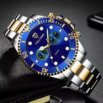 Мужские многофункциональные кварцевые часы в деловом стиле со стальной полосой, вращающийся циферблат, 24-часовой хронограф, водонепроницаемые, светящиеся роскошные часы золотистый/чёрный