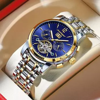 Мужские многофункциональные механические часы, водонепроницаемый светящийся двойной календарный циферблат, механические часы с турбийоном, мужские деловые часы серебряный/белый