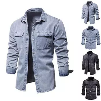 Мужские модели джинсовой куртки из Европы и США на весну и осень, повседневные джинсовые топы из стираного денима XXL чёрный