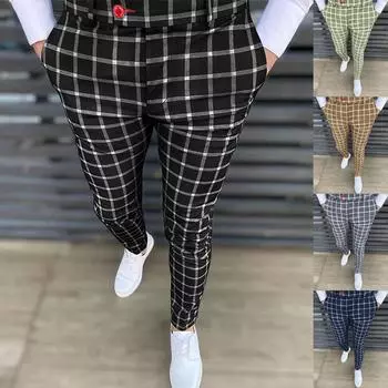 Мужские модные эластичные классические брюки, облегающие брюки в клетку, брюки для делового костюма, повседневные брюки для гольфа S синий